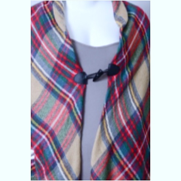 Flannel Plaid Poncho Scarf Wrap Toggle - Picture 5 of 8